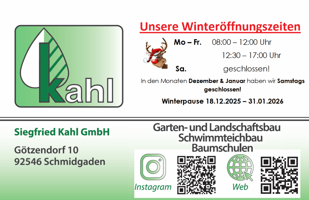 Winteröffnungszeiten der Baumschule Kahl.